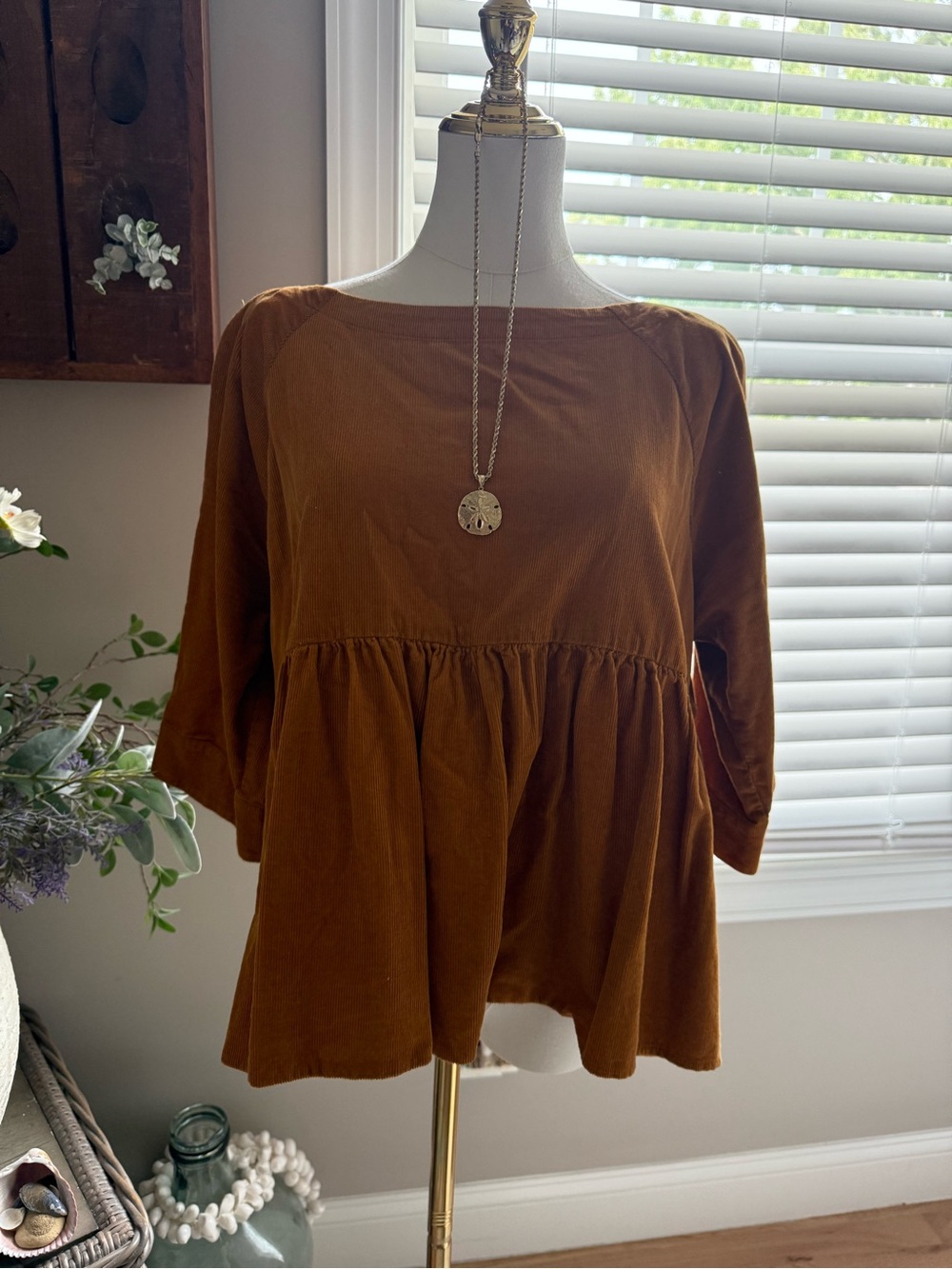Maeve Peplum Tunic Top in Rust Brown